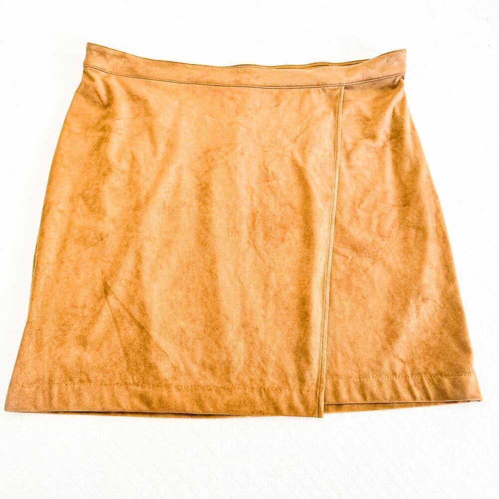 J. Jill Brown Assymetric Panel Faux Suede Leather Mini Skirt Size XL Petite